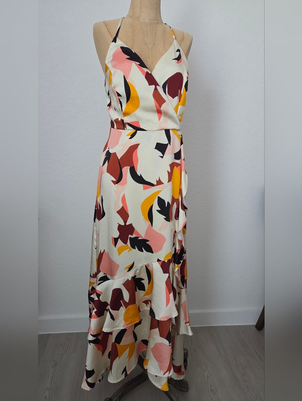 Nine West Cream Maxi Dress with Pink, Maroon, Mustard & Black Abstract Print